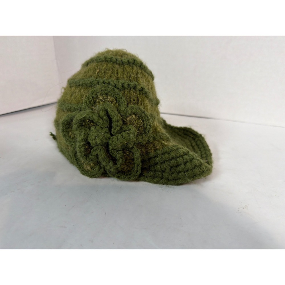 Green Knit Beanie with Crochet Flower Detail Boho Winter Cap Olive Textured Hat